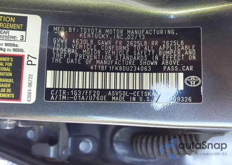 2013 Toyota Camry Se from USA, damaged, VIN 4T1BF1FK8DU234063